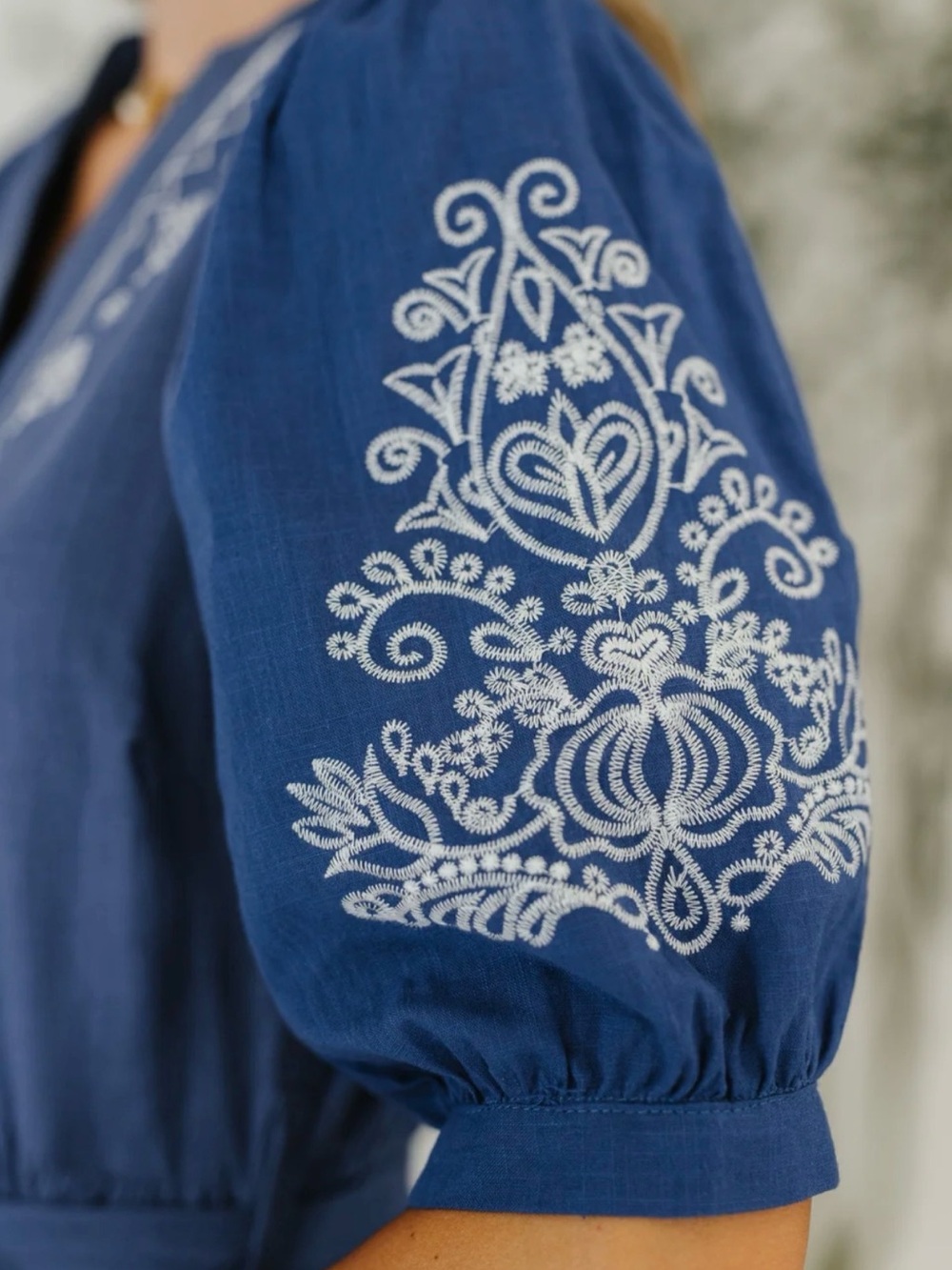 Blue Embroidered Tiered Midi dress with Waist Tie - Picture 3 of 4